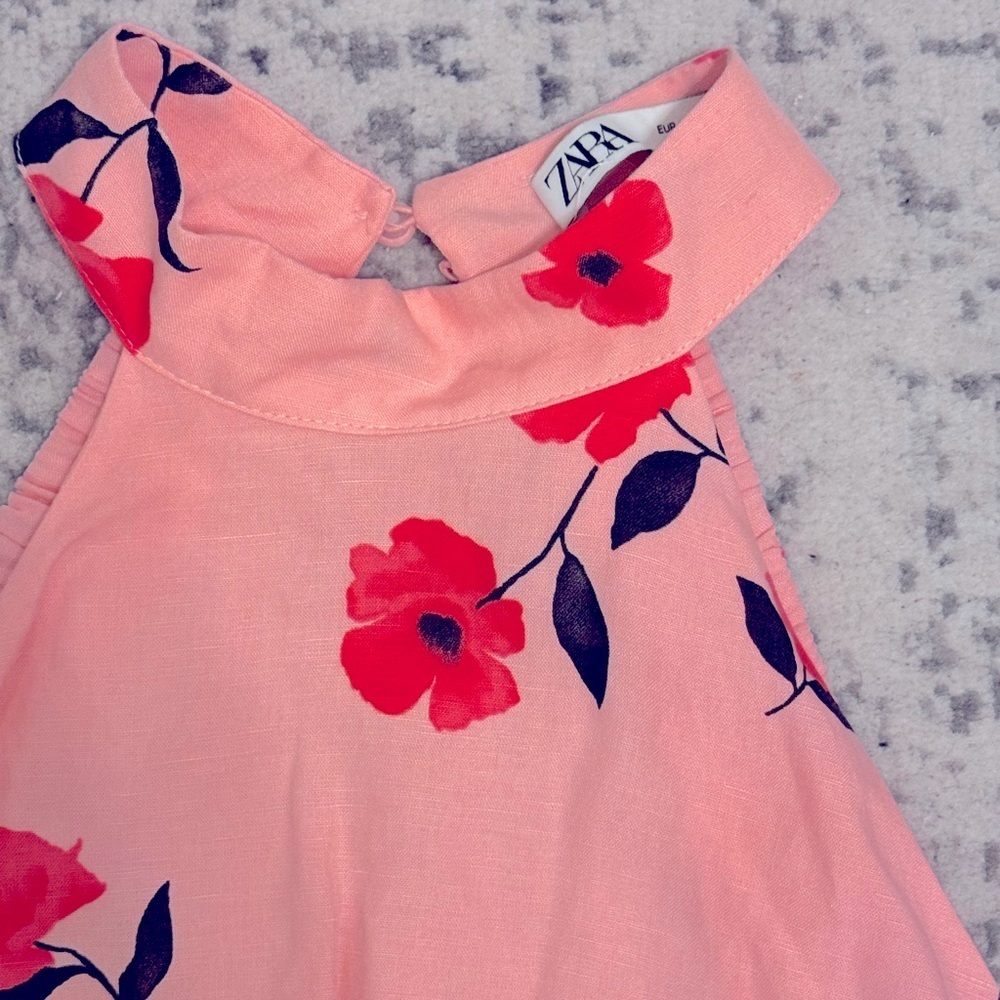 Zara Pink Poppy Floral Halter Crop Top Linen Blend Summer Vacation Backless - Picture 8 of 8